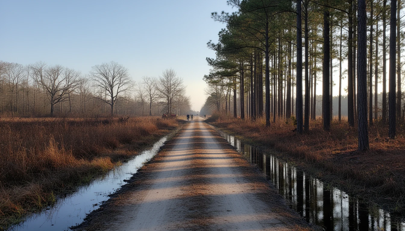 A planted pine stand and mown fire break along a farm road near Aulander, Bertie County, North Carolina
