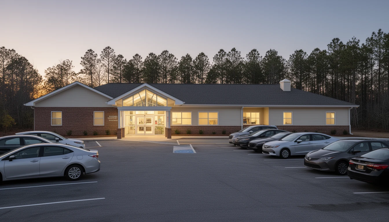 A single-story rural hospital with a covered entrance and a nearly empty parking lot on a fall evening in eastern North Carolina
