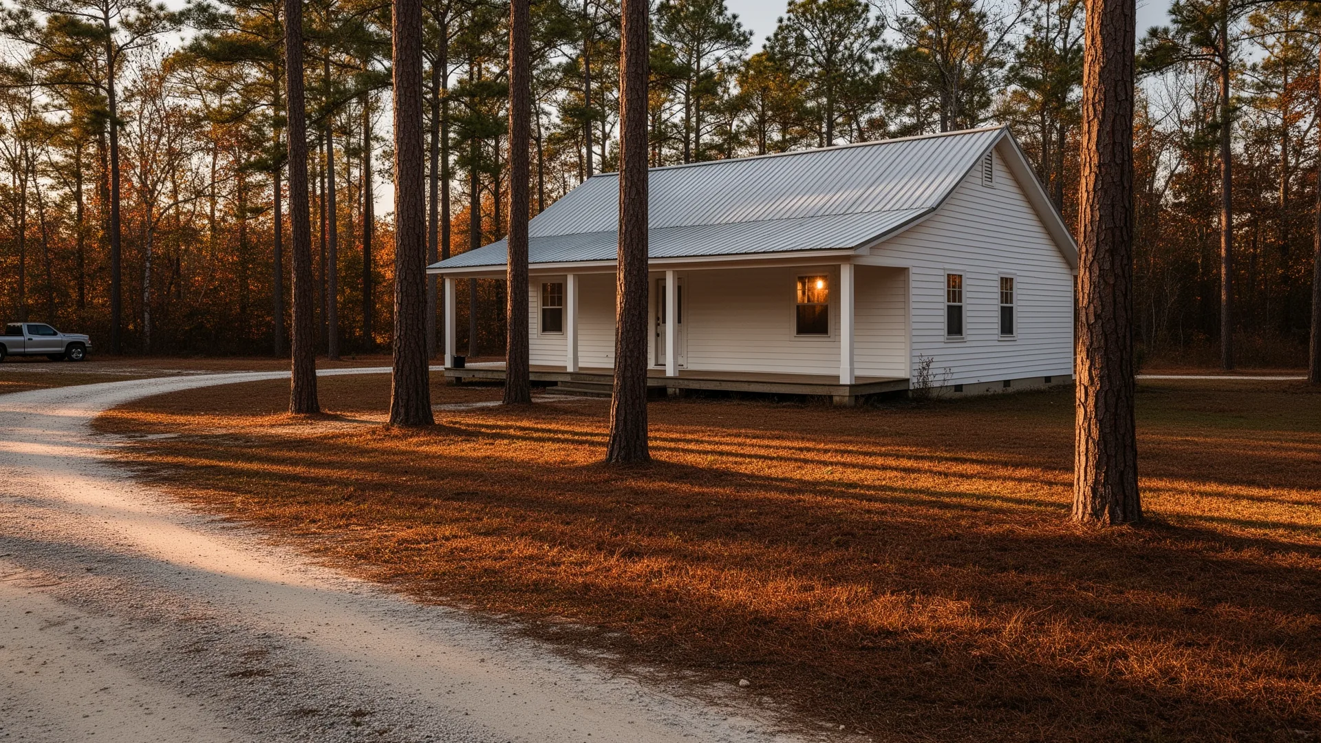 A rural Bertie County farmhouse with a metal roof and a sandy driveway, lit by low late afternoon light, pines at the edge of the yard