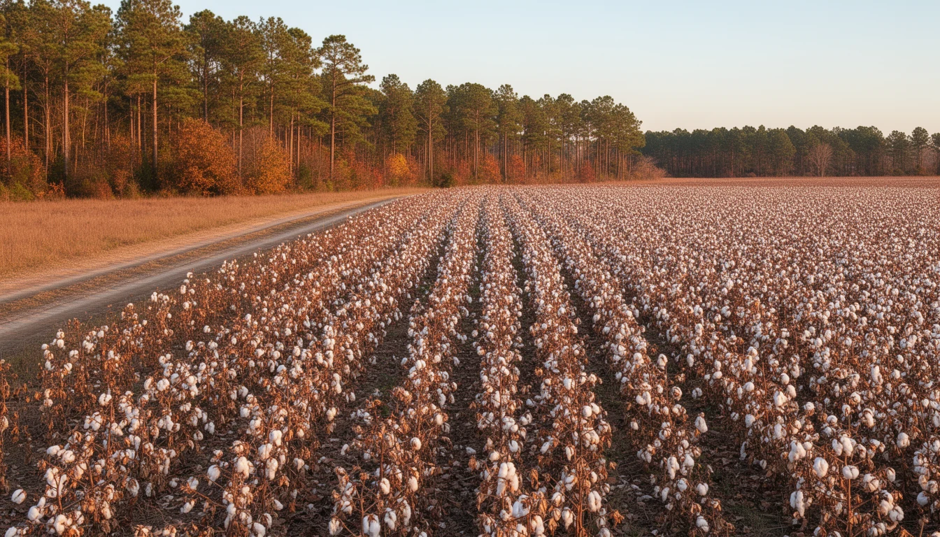 Rows of cotton opening white in an autumn field near Windsor, Bertie County, North Carolina, with tall pines along the field edge