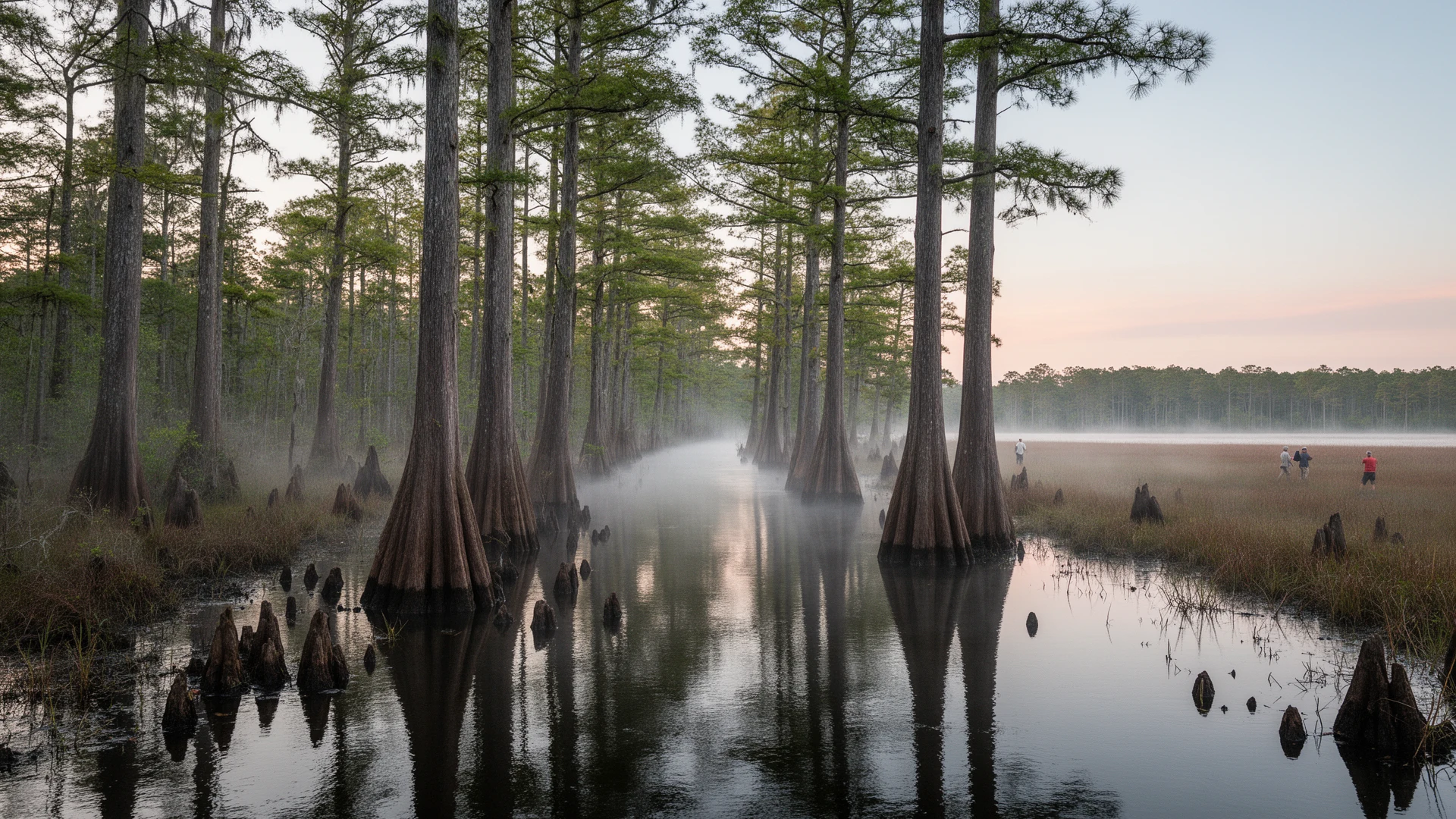 A tea-stained blackwater river in Bertie County at dawn with bald cypress and cypress knees in still water