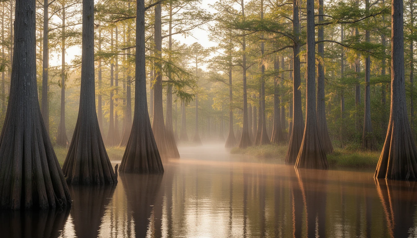 The Cashie River at the Sans Souci ferry landing, tea-colored water and bald cypress along the bank