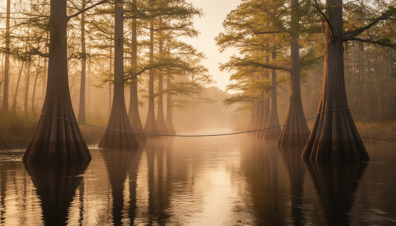 Tea-colored blackwater river in Bertie County with bald cypress trees on the banks at golden hour, a steel cable stretching low across the calm water